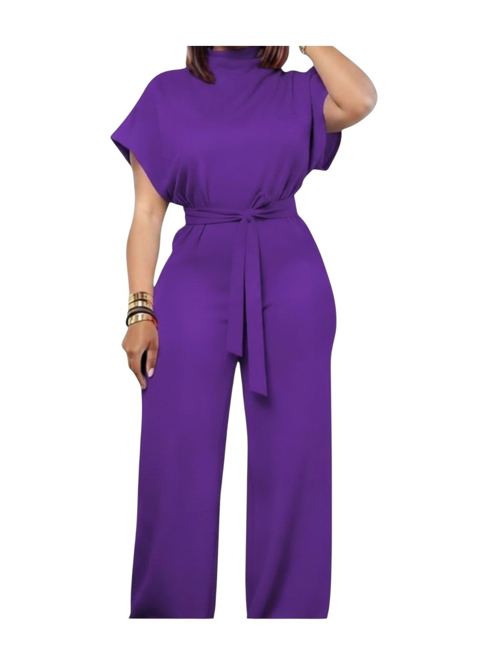 ULOVMI - Medium Purple Mock Neck Wide-Leg Jumpsuit with Waist Tie - Picture 2 of 7